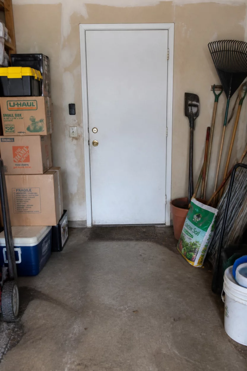 The Brutally Honest Before A realistic photo of a cluttered garage entryway showing a plain white door surrounded by stacked cardboard storage boxes, garden tools leaning haphazardly against a stained wall, and a dusty concrete floor in need of a makeover.