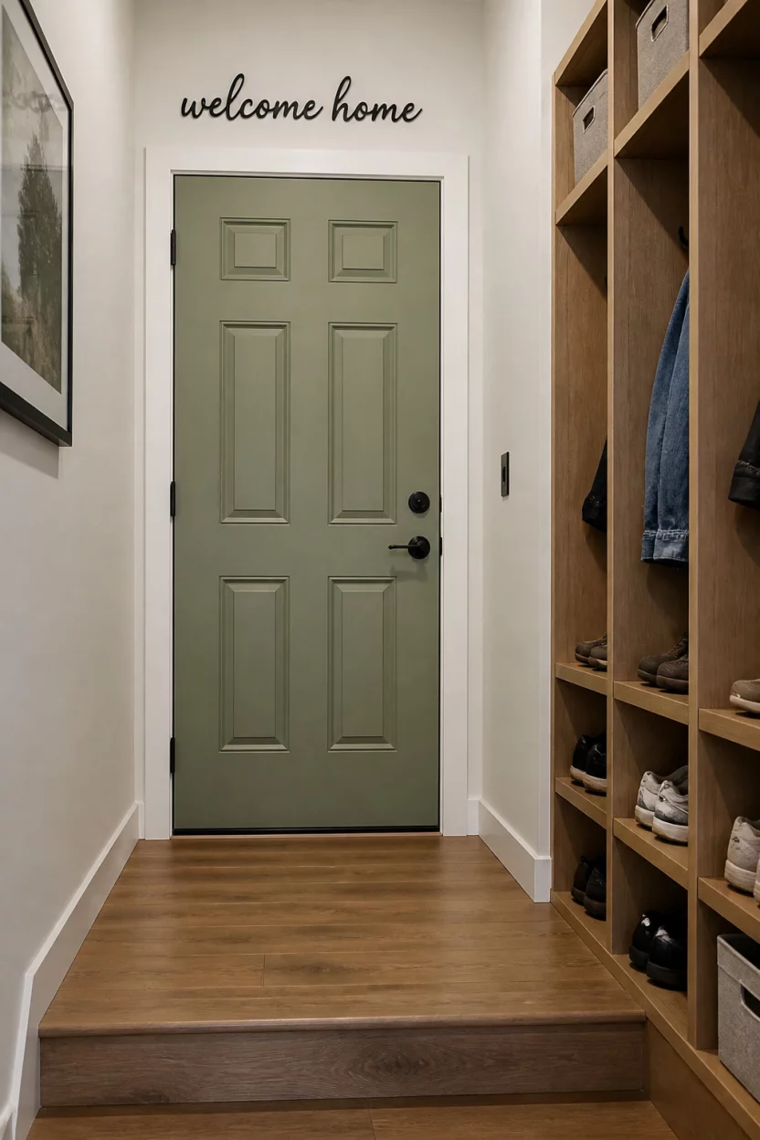 Green Door Welcome A realistic photo of a sage green painted door with 'welcome home' text sitting above a small landing with wood look flooring and vertical shoe storage cubbies.