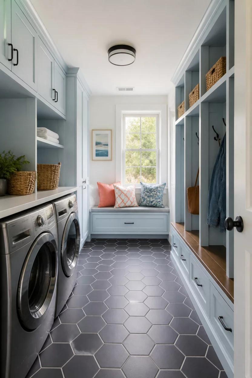 Powder Blue Organization A realistic photo of a bright laundry and mudroom with soft light blue cabinetry, dark hexagonal floor tiles, a window seat with colorful pillows, and built in storage closets.
