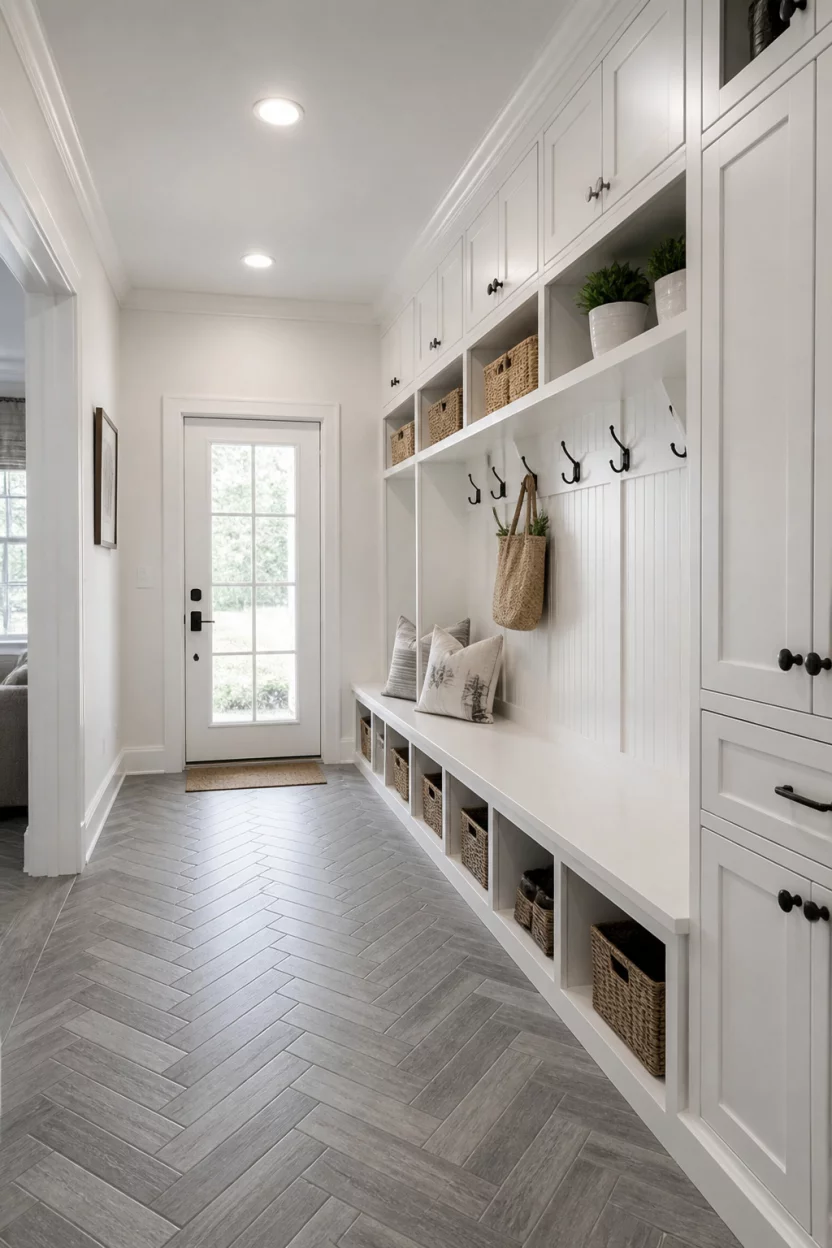 Formal White Built Ins A realistic photo of a formal light filled entryway featuring extensive white built-in storage units with many cubbies and cabinets, a long bench, and gray herringbone patterned flooring.