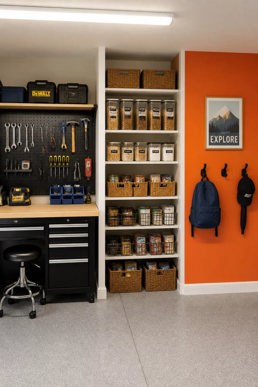 Triple Threat Utility Zone A realistic photo showing three organized utility zones side by side with a tool workbench and pegboard, pantry shelves with labeled containers, and a brightly painted accent wall in a garage room.