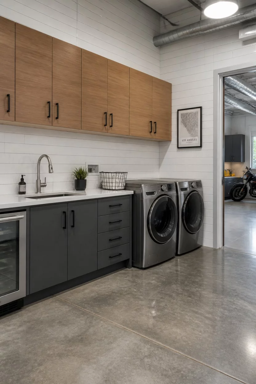 A realistic photo of a modern garage laundry room rendering featuring crisp white subway tile walls, light wood upper cabinets, dark gray lower drawers, and a polished concrete floor with bright overhead warehouse lighting.