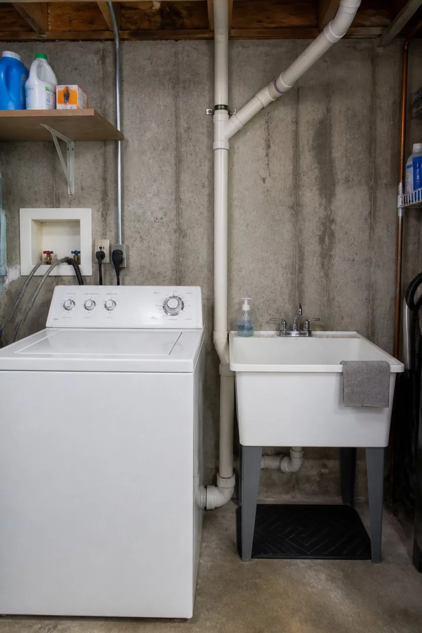A realistic photo of a functional unfinished garage laundry area with a classic top load washer and a large white utility sink against a gray concrete wall, emphasizing a practical and honest DIY aesthetic for a starter home setup.