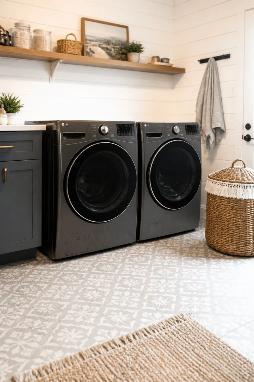 A realistic photo of a stylish laundry space with charcoal gray LG appliances, white horizontal shiplap walls, light gray patterned floor tiles, and a large wicker hamper with white fringe details.