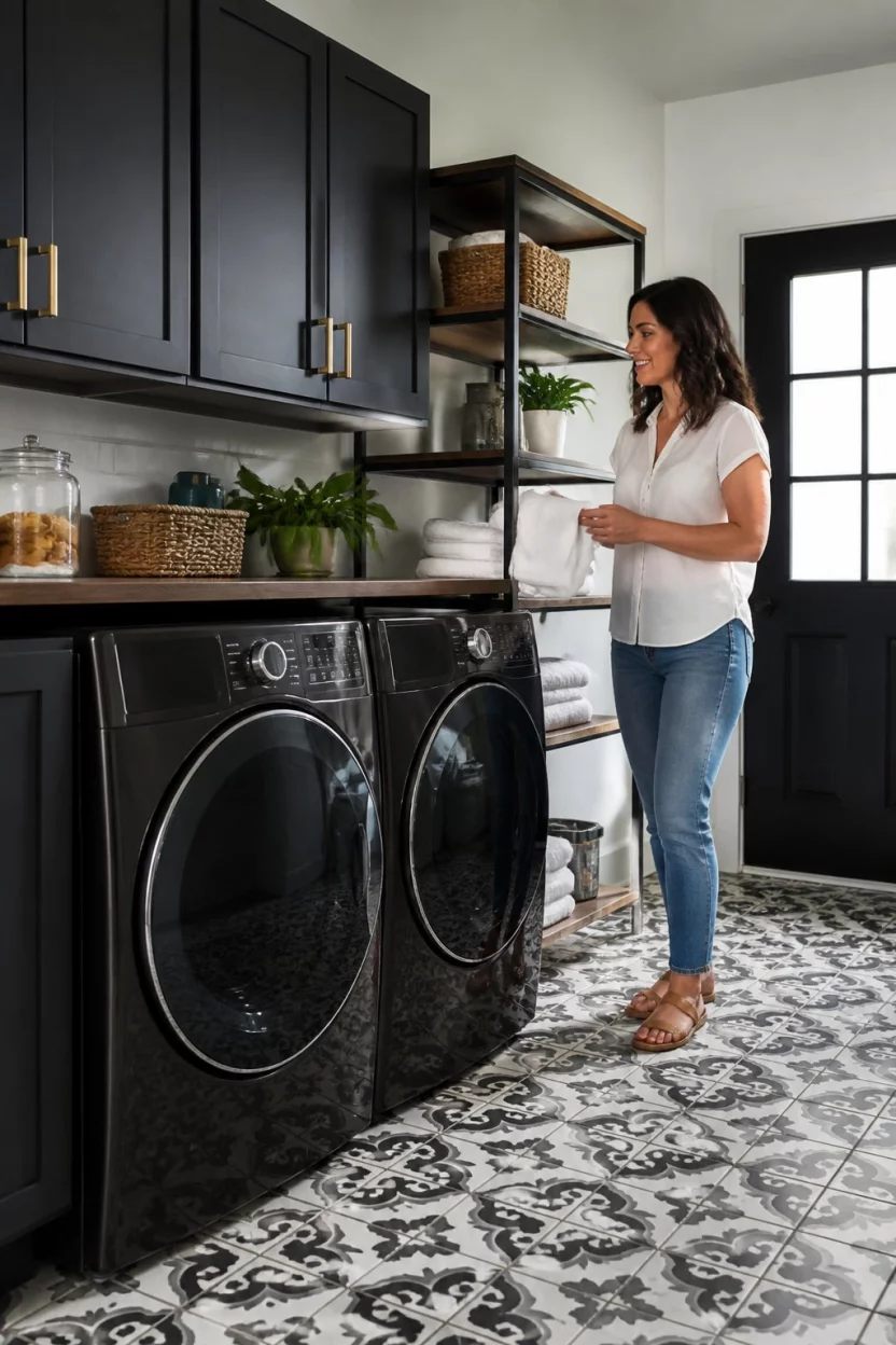 A realistic photo of a modern garage laundry setup with dark stainless steel front load appliances, busy patterned floor tiles, and a person standing nearby organized open shelving units with clean folded towels.