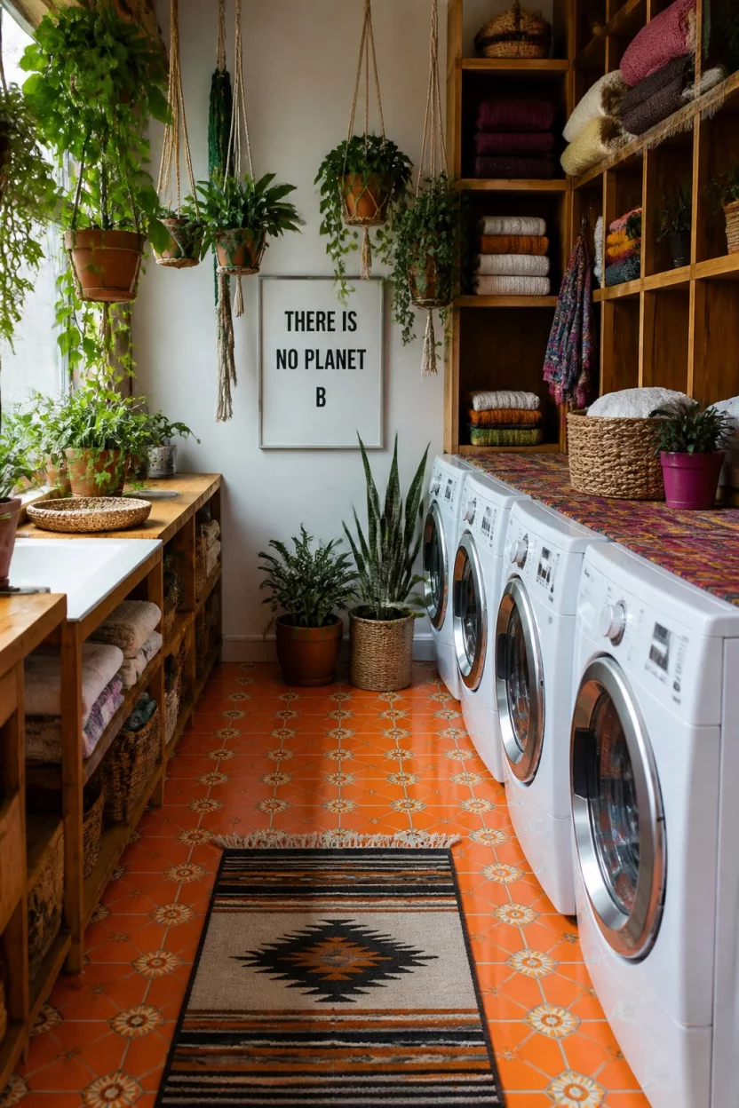 A realistic photo of a vibrant bohemian garage laundry room with bright orange patterned floor tiles, many hanging macrame plants, multiple white washing machines, and warm wood shelving units filled with colorful textiles.
