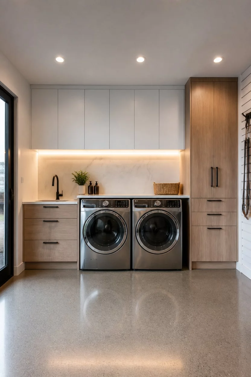A realistic photo of a sleek modern garage laundry room with seamless wood and white cabinetry, stainless steel front load machines, and a glowing marble backsplash that reflects soft LED under cabinet lighting.