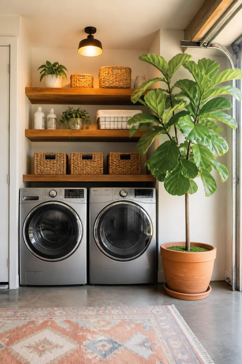 A realistic photo of a bright garage laundry nook featuring silver front load appliances, thick wooden floating shelves, organized woven baskets, and a massive vibrant green fiddle leaf fig plant in a terracotta pot under warm overhead lighting.