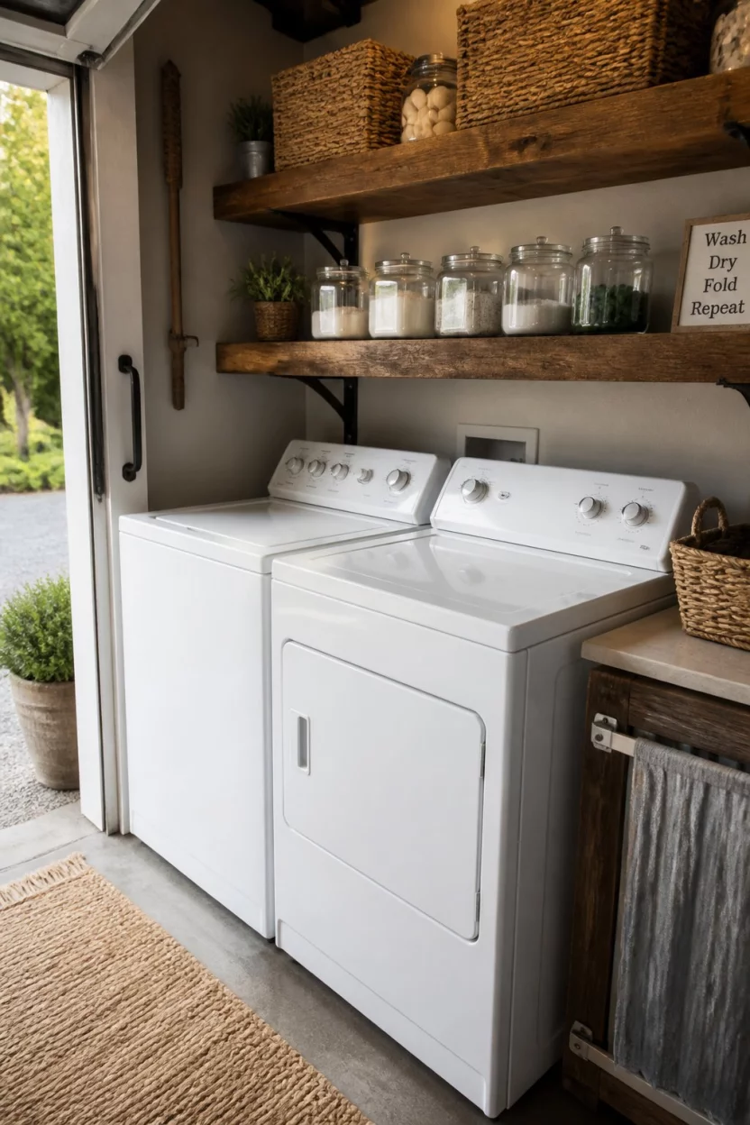 A realistic photo of a farmhouse style laundry area in a garage featuring white top load machines under thick rustic wooden shelves filled with woven baskets and glass jars of detergent.