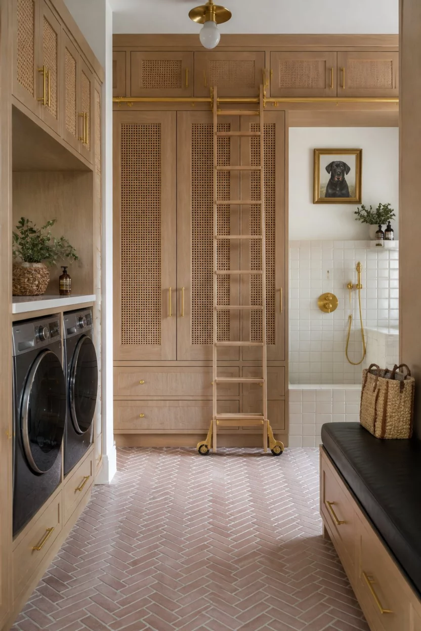 A realistic photo of a luxury garage mudroom and laundry space with custom light wood cabinetry, a rolling library ladder for high storage, and a built in tiled pet washing station with a gold handheld shower.
