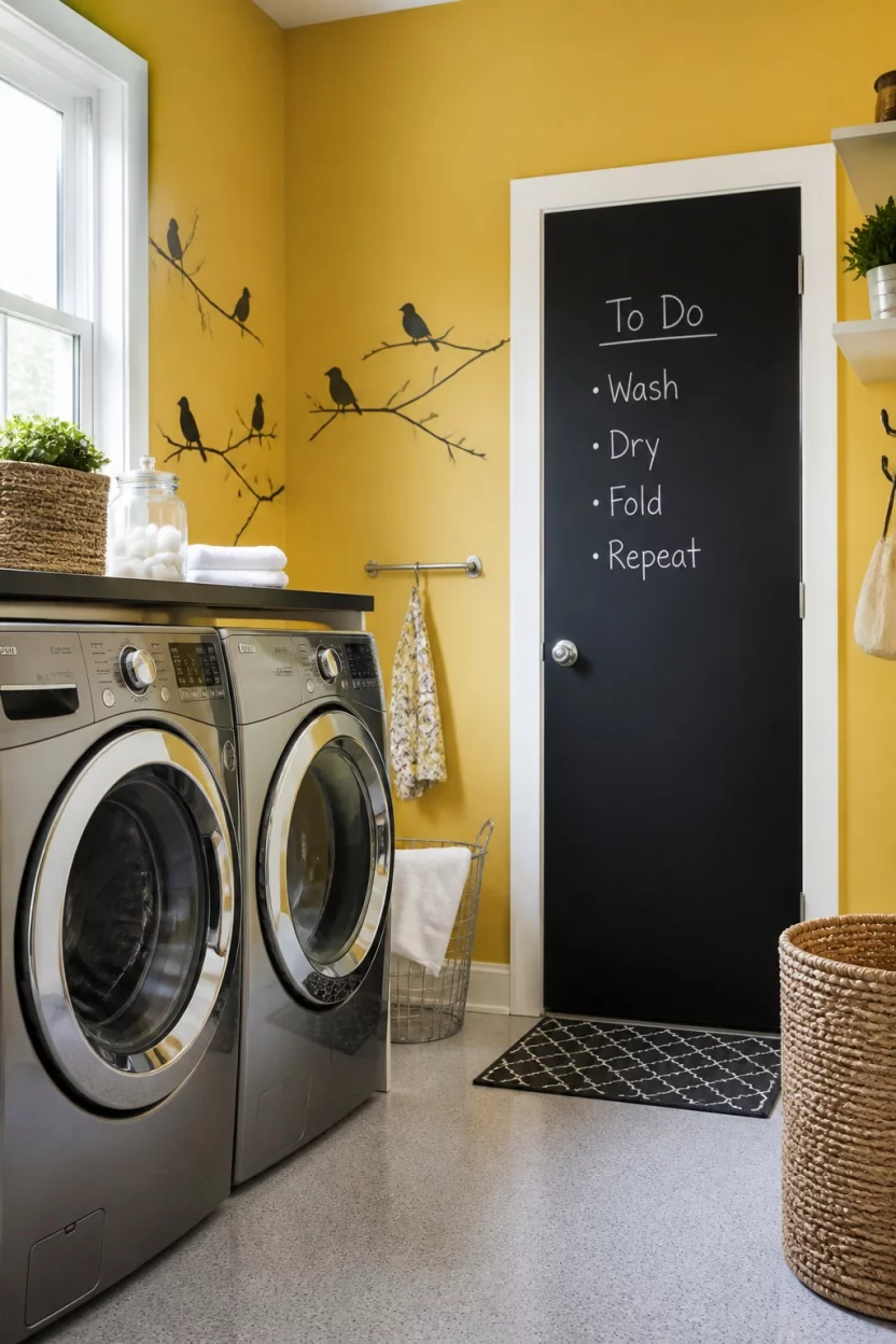 A realistic photo of a garage laundry area featuring sunshine yellow accent walls with whimsical bird decals, sleek front load washers, and a black chalkboard door for organization, styled with modern decor and bright natural lighting coming from a side window.