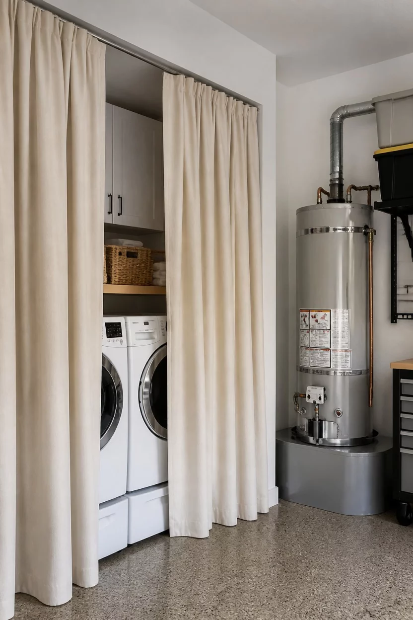 A realistic photo of a garage utility zone where white front load washers are partially concealed behind a floor to ceiling cream colored linen curtain, with a tall silver water heater standing nearby in a tidy corner.