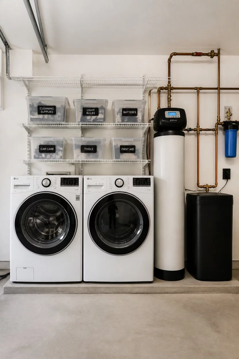 A realistic photo of an efficient garage laundry area with two white LG washers, a tall vertical water softener unit, visible copper plumbing, and simple white metal shelving units holding clear plastic containers for a clean look.