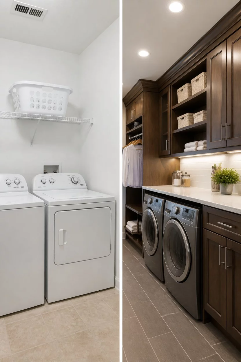 A realistic photo showing a side by side comparison of a simple white laundry room with top loaders versus a luxurious laundry space with rich dark wood cabinetry and integrated storage solutions for maximum efficiency.