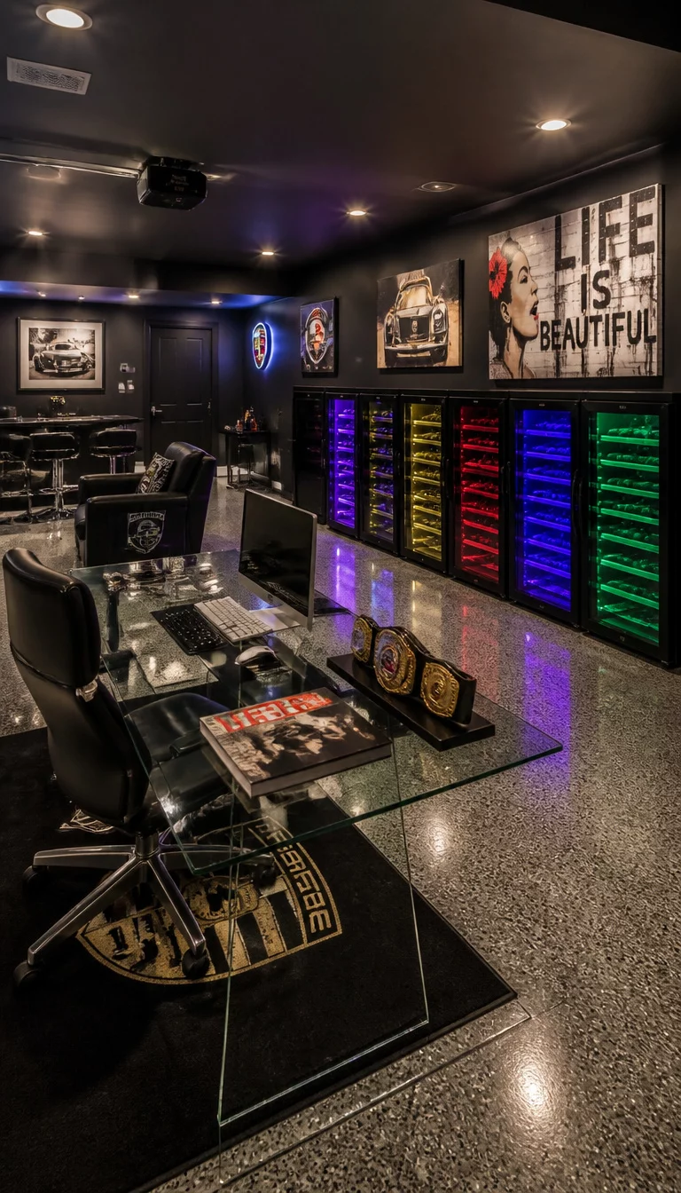 A realistic photo of a stylish modern garage converted into an entertainment space with a glass desk and unique artwork, featuring several colorful wine refrigerators with internal LED lighting.