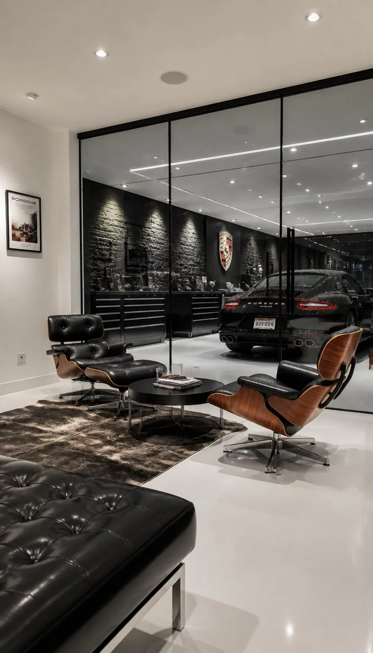 A realistic photo of a modern garage lounge with glass walls separating the seating area from a parked luxury car, featuring iconic leather Eames style chairs and a clean minimalist aesthetic with white floors.