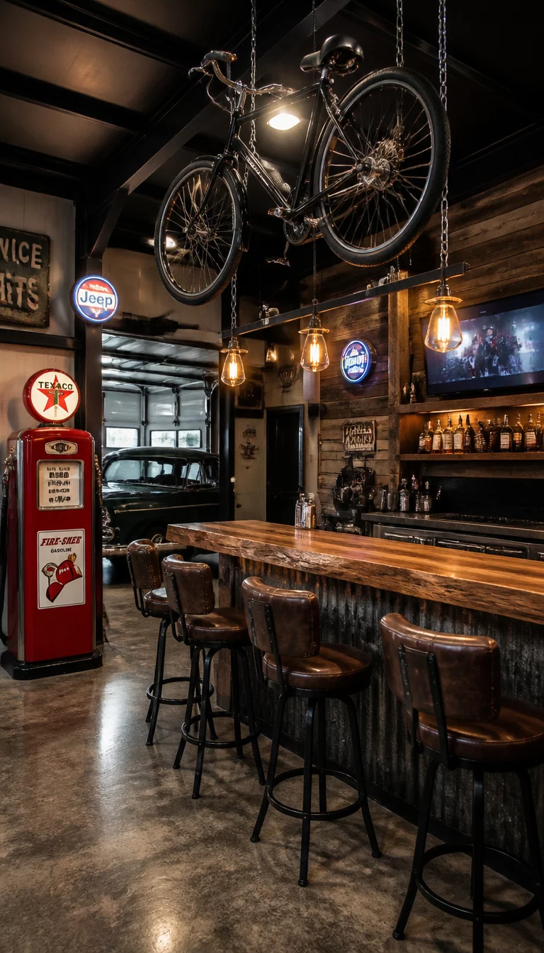 A realistic photo of a rustic industrial garage bar with a heavy wood counter and leather stools, featuring a vintage gas pump and a bicycle suspended from the high ceiling.