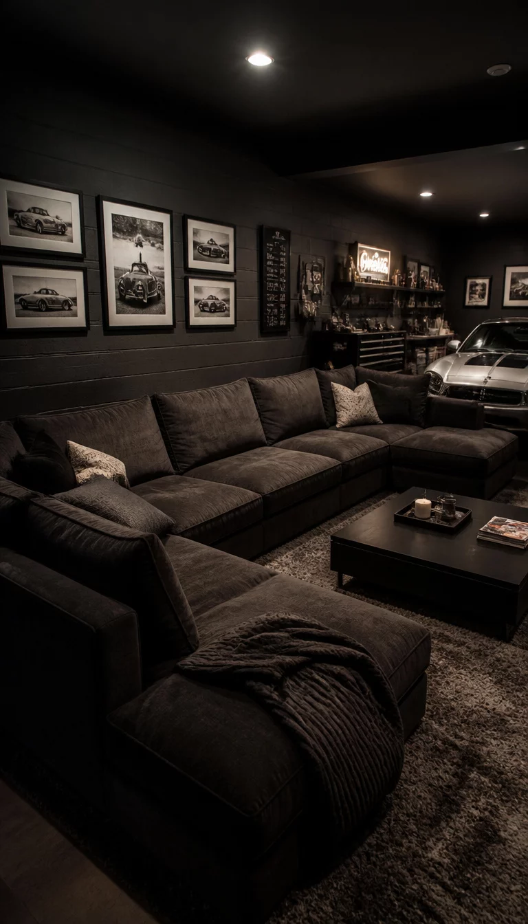 A realistic photo of a dimly lit garage lounge with a large dark gray sectional sofa and a plush rug, featuring framed black and white photographs on the walls and soft overhead recessed lighting.
