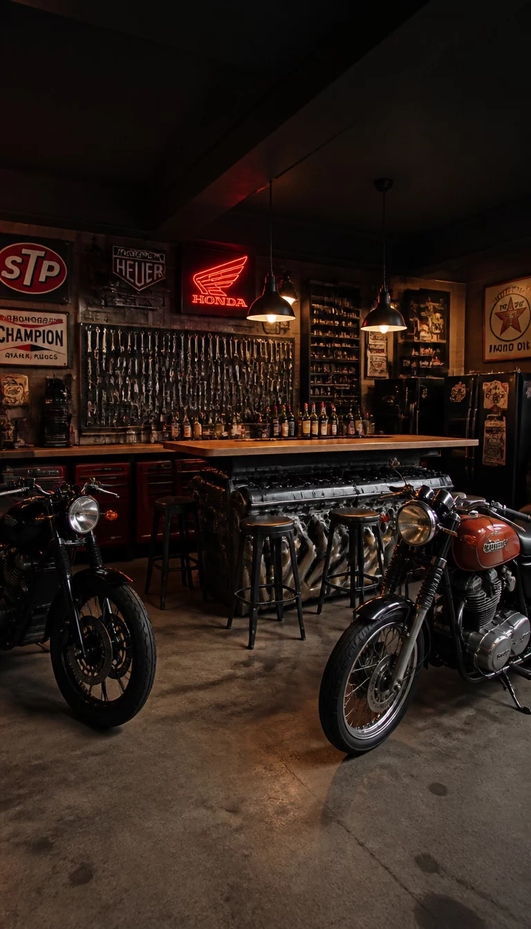 A realistic photo of a dark garage bar themed like a mechanic's workshop with tools organized on the wall, a bar counter built around a V8 engine, and two vintage motorcycles parked prominently on the floor.