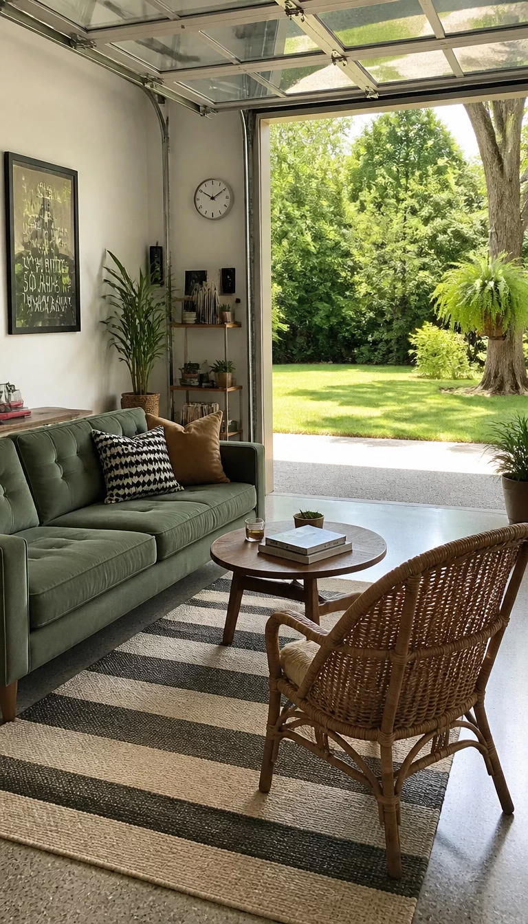 A realistic photo of a bright garage lounge with a green sofa and a striped rug, featuring a wicker chair and a wide open doorway leading directly to a lush green outdoor garden.