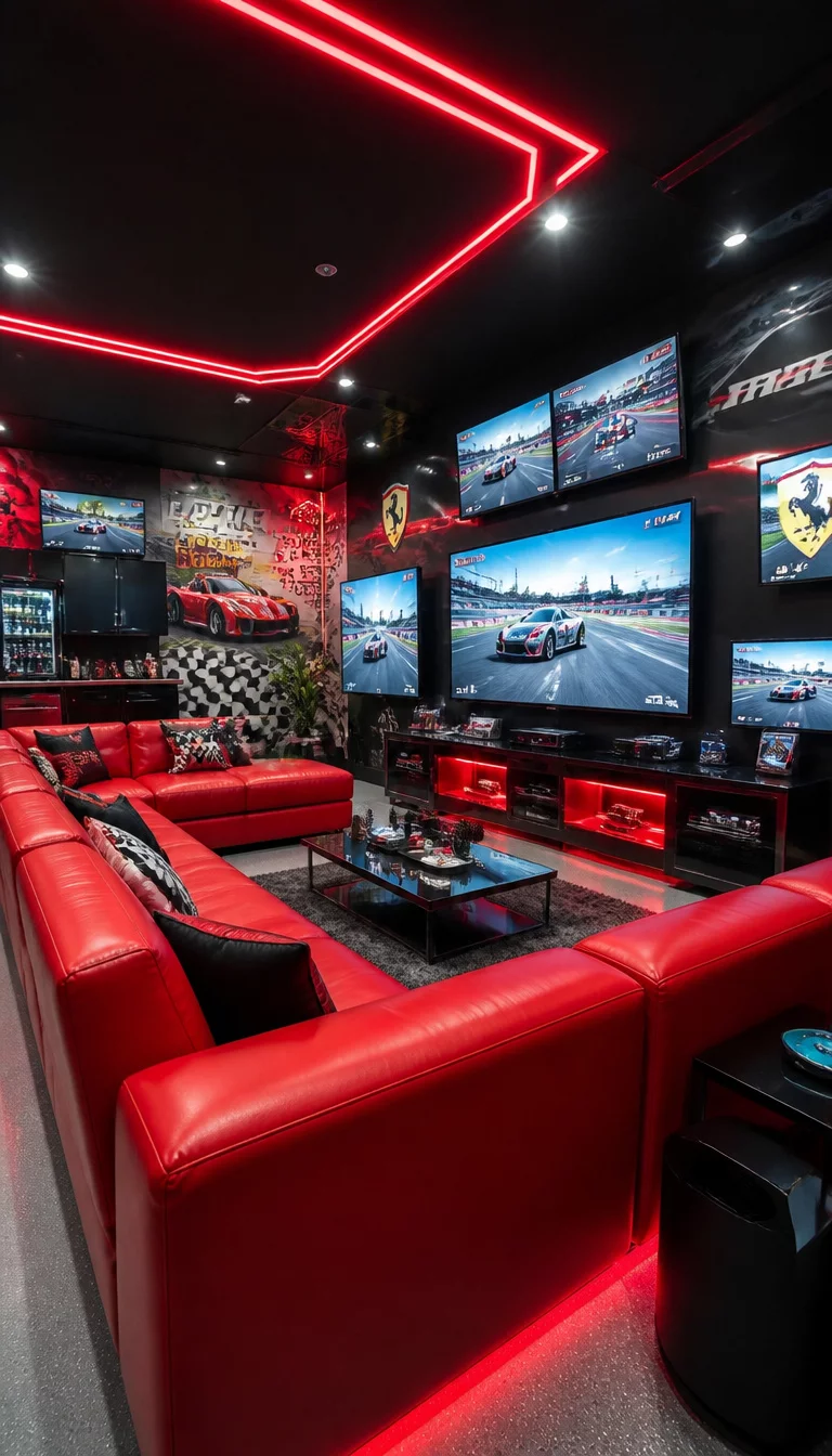 A realistic photo of a modern garage lounge with bright red leather couches and racing themed murals on the walls, multiple television screens glowing intensely, and vibrant neon lighting strips along the ceiling and floor edges.