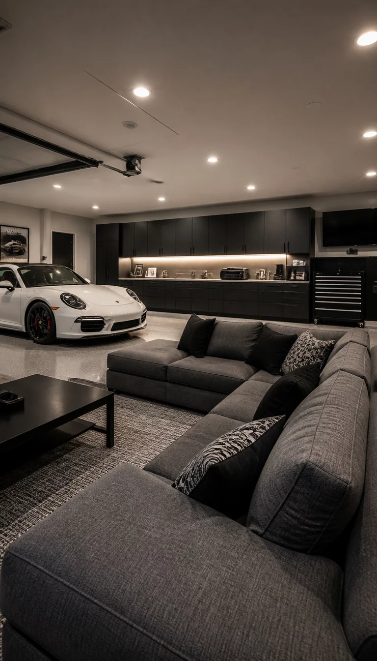 A realistic photo of a sophisticated garage lounge with a large gray sectional sofa and a sleek white car, featuring modern recessed lighting and minimalist wall mounted storage units.