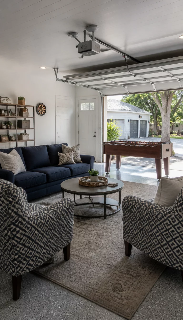 A realistic photo of a bright garage converted into a living room with a navy blue sofa and patterned armchairs, a round coffee table in the center, and a foosball table positioned near the large open doors.