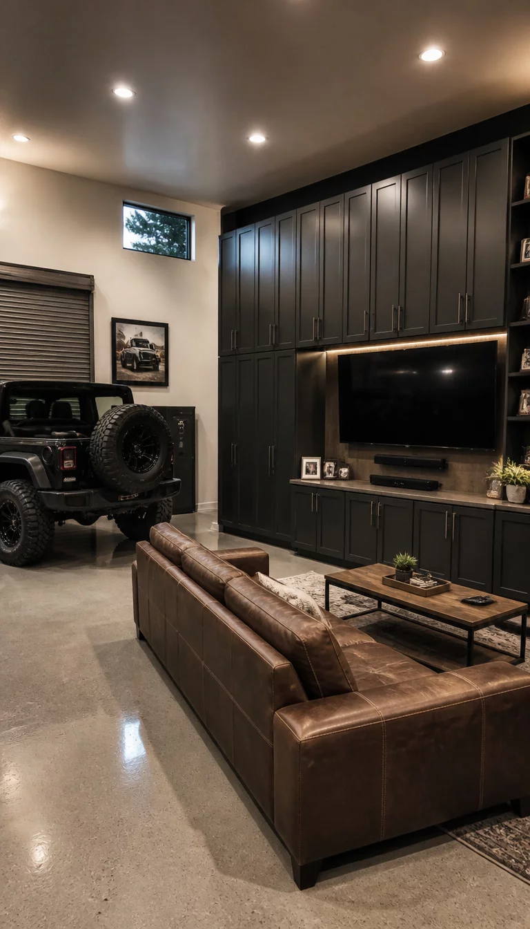A realistic photo of a luxury garage lounge with tall built in cabinets and an off road vehicle, featuring a large flat screen television and a premium leather sofa on a polished floor.