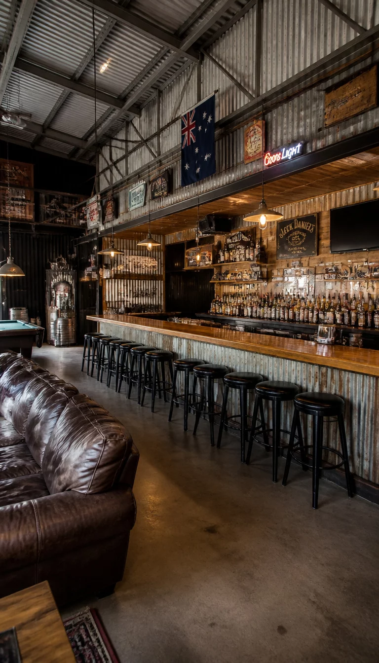 A realistic photo of a large garage bar with a long wooden counter and a corrugated metal roof structure indoors, featuring rows of liquor bottles and a large leather couch for guests.