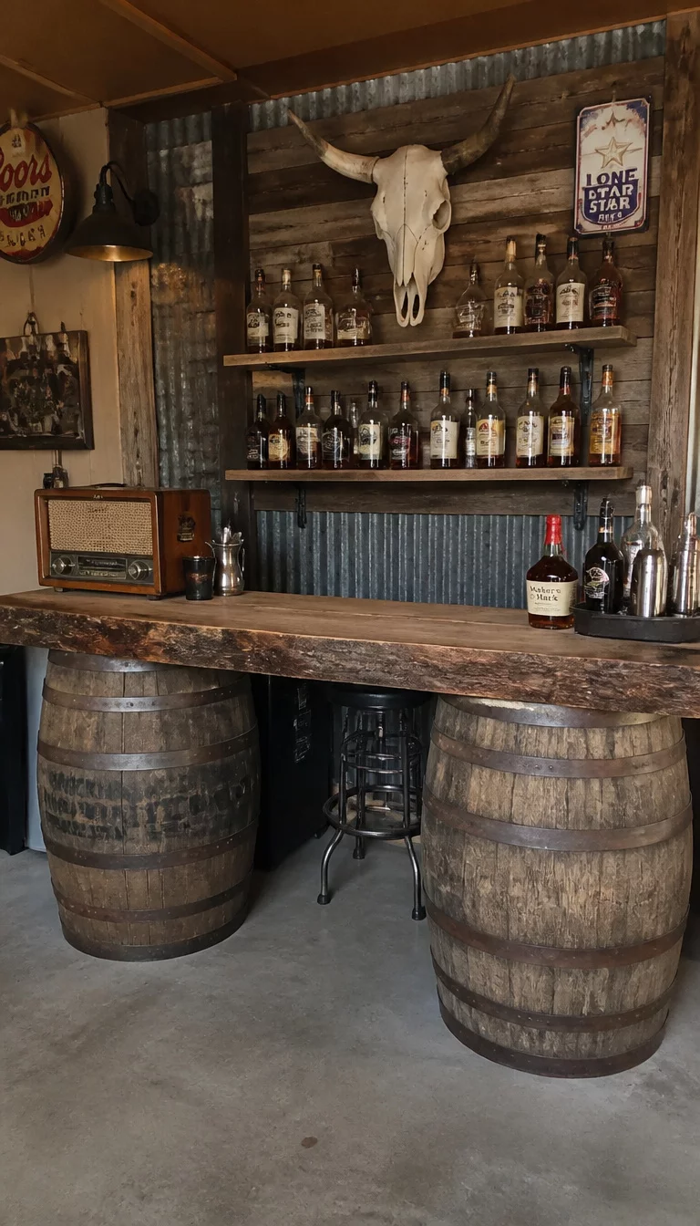 A realistic photo of a rustic garage bar with a thick wooden counter resting on top of two large wine barrels, adorned with a cow skull and vintage radio, with various liquor bottles displayed on wooden shelves against a weathered wall.