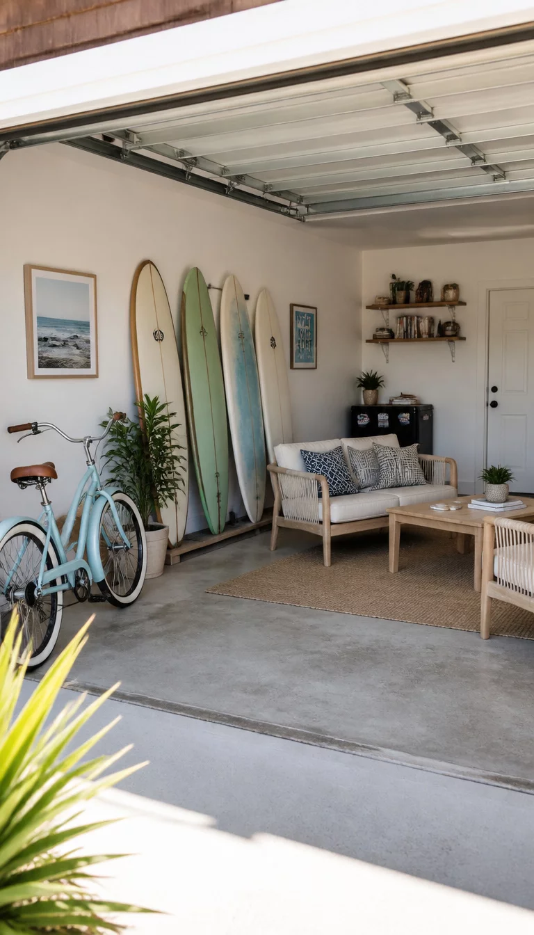A realistic photo of a beach themed garage lounge with crisp white walls and a large open door, featuring several surfboards and a cruiser bicycle alongside a relaxed seating area with light wood furniture.