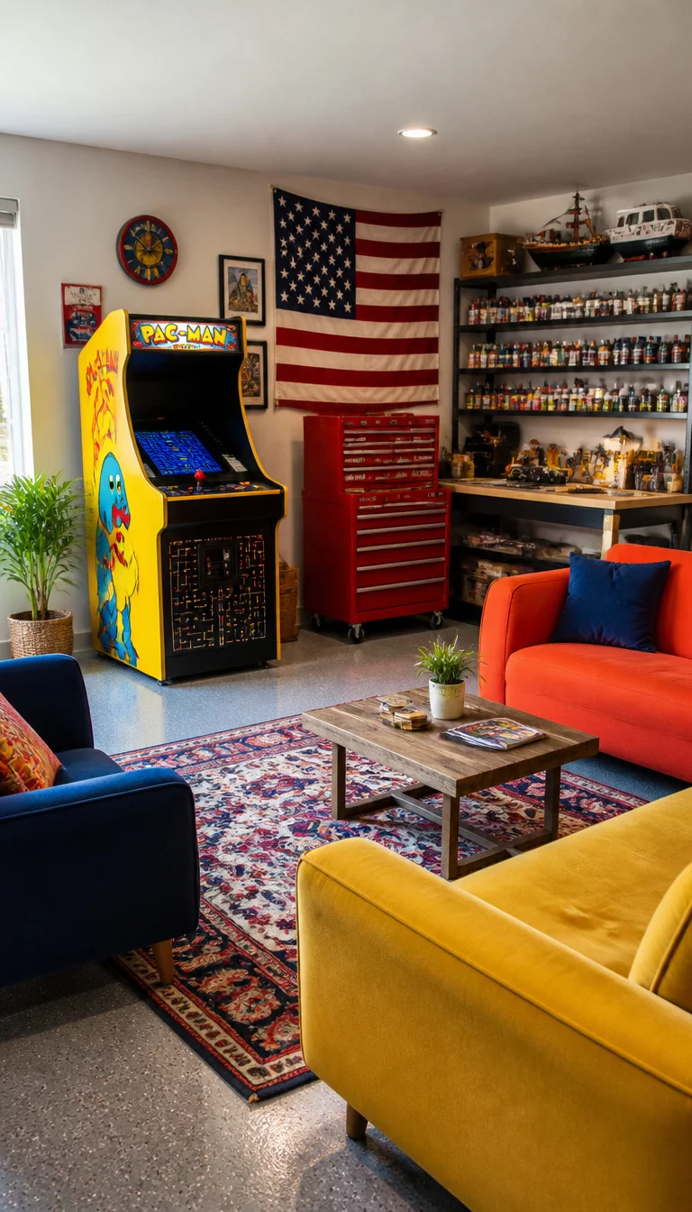 A realistic photo of a brightly decorated garage lounge with a classic Pac Man arcade machine in the corner, colorful plush seating, an American flag on the wall, and various hobby supplies organized on tidy shelves.