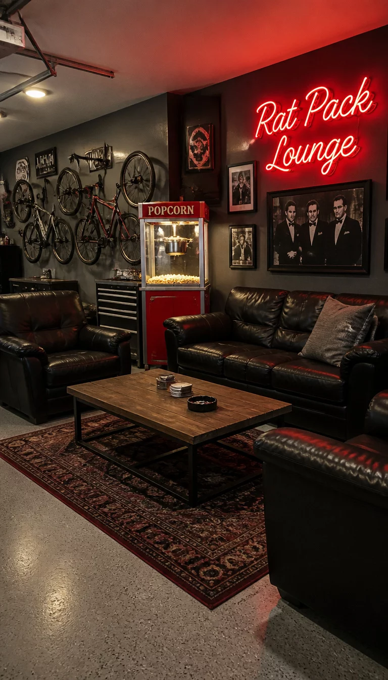 A realistic photo of a spacious garage lounge featuring wall mounted bicycles and a vintage popcorn machine, with a glowing neon sign that reads Rat Pack Lounge hanging above a comfortable seating area.