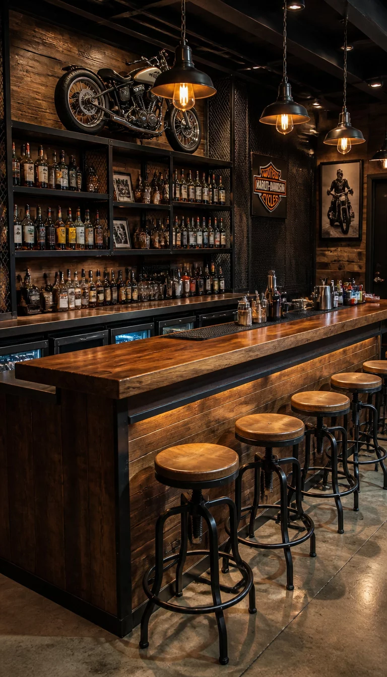 A realistic photo of a custom garage bar with a wood and metal design, featuring motorcycles used as decorative elements and ample bottle storage on industrial metal shelves.