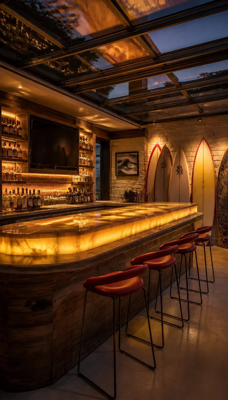 A realistic photo of an upscale garage bar with a glowing multi leveled onyx countertop and red bar stools, featuring surfboards propped against the wall and a glass roof reflecting the warm interior lights.