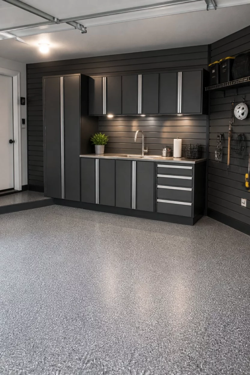 Dark Contemporary Slatwalls A realistic photo of a contemporary garage with dark gray slatwall panels, matching modular cabinetry, a built-in stainless steel sink, and speckled gray epoxy flooring with soft accent lights.