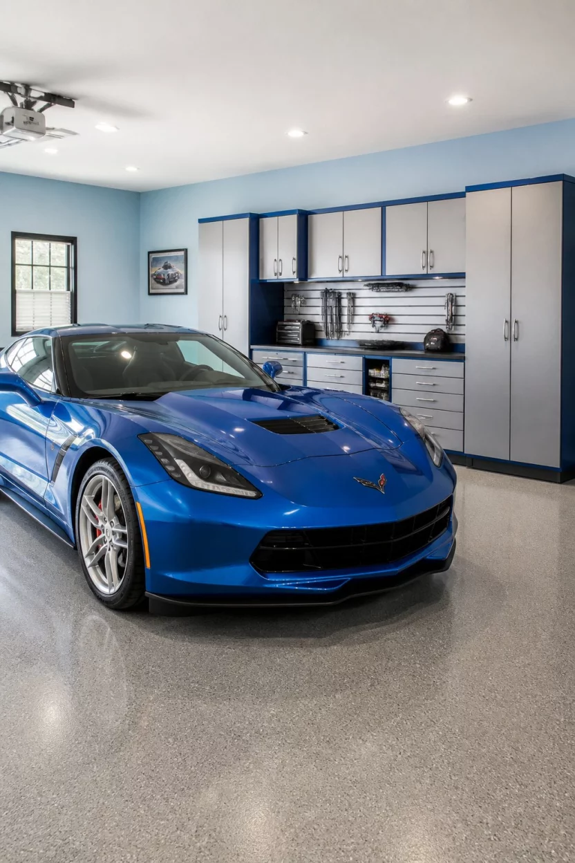 Modular Marine Blue Cabinets A realistic photo of a clean garage with light blue walls, a long bank of silver and blue modular storage cabinets, and a shiny blue sports car parked on a gray floor.