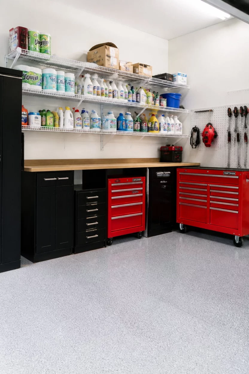 Vertical Supply Shelving A realistic photo of a functional garage featuring white wire shelving units filled with cleaning products and household supplies, situated above lower black storage cabinets and red toolboxes.