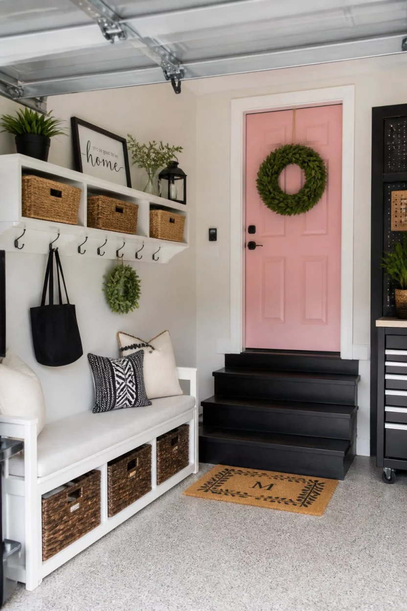 The Garage Mudroom Entry A realistic photo of a garage interior entry area featuring a white wooden bench, several storage baskets, black steps, and a bright pink interior door decorated with a green wreath.