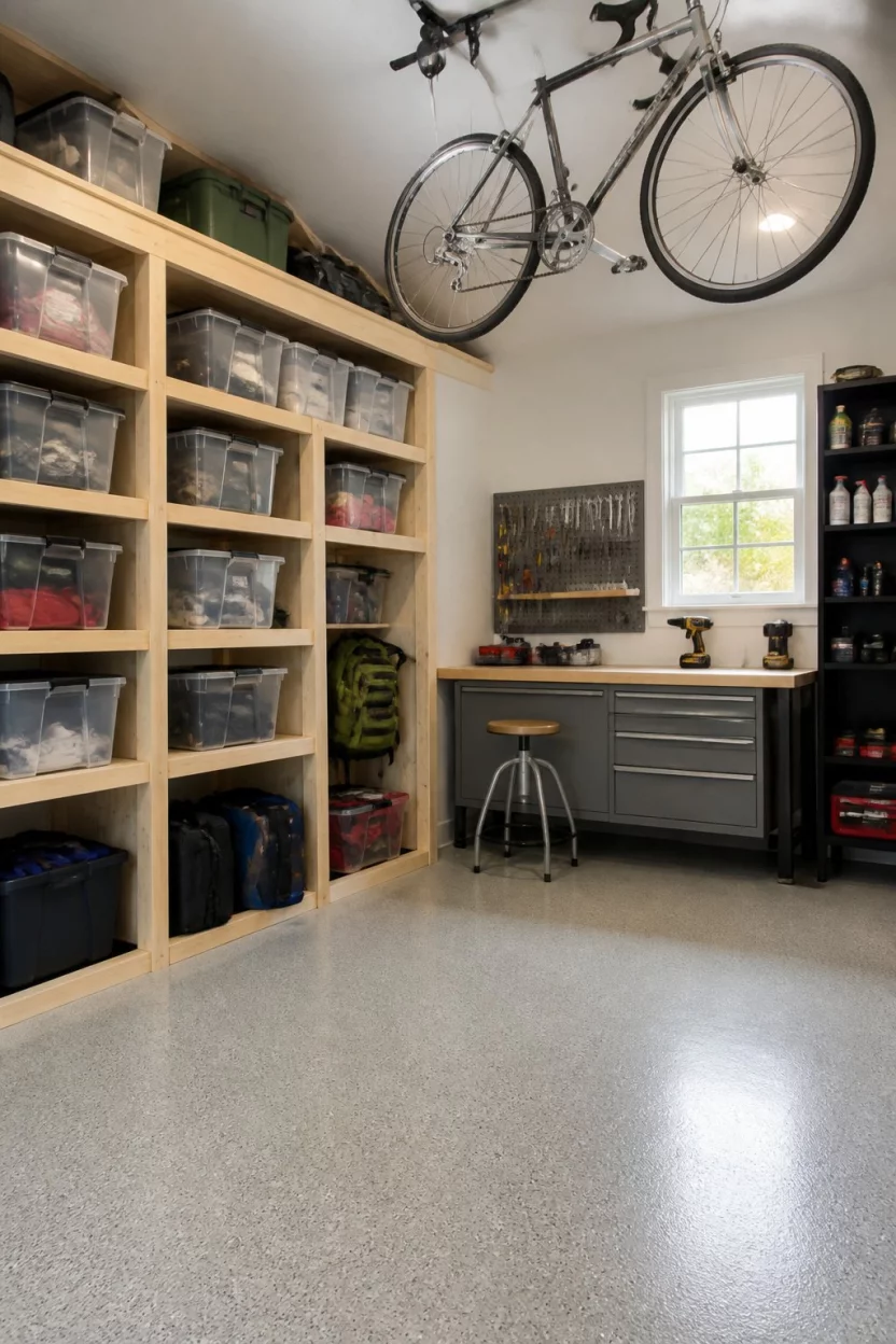 Bright Wood Workshop Layout A realistic photo of an organized garage featuring light wood shelving with clear storage bins, a gray workbench, a small pegboard, and a bicycle hanging from the ceiling.