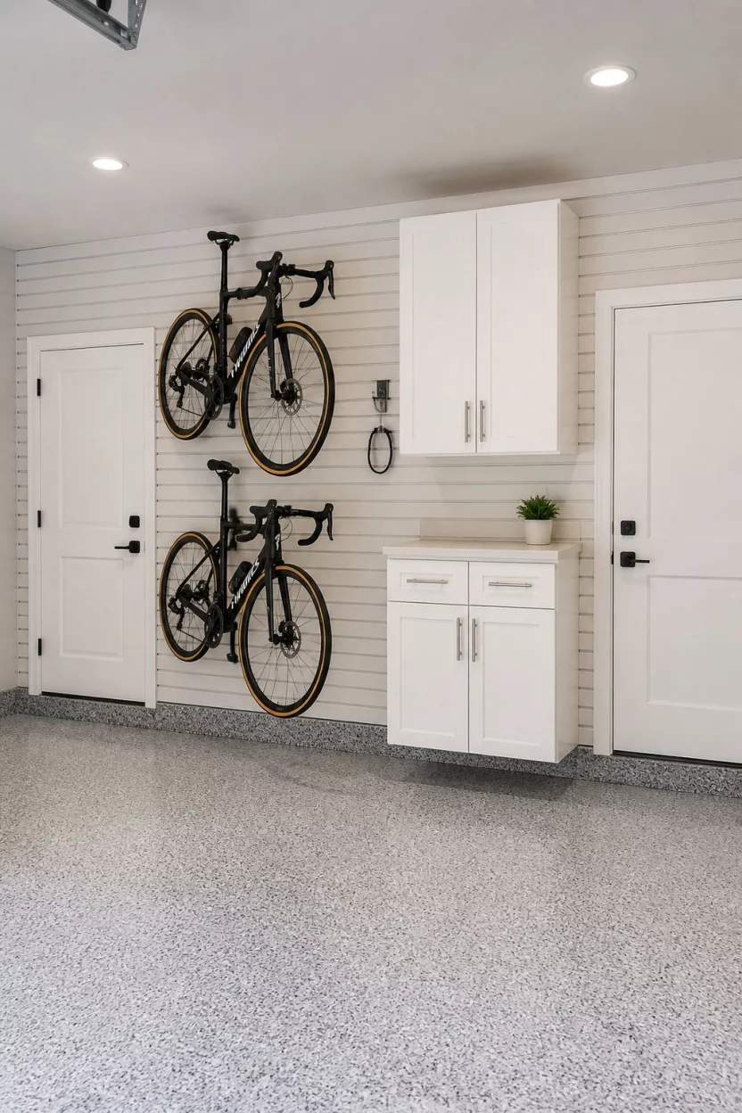 Slatwall Sports Gallery A realistic photo of a spacious garage featuring full wall slatwall panels in a light color, with two expensive racing bicycles mounted vertically next to white cabinetry and two white doors.