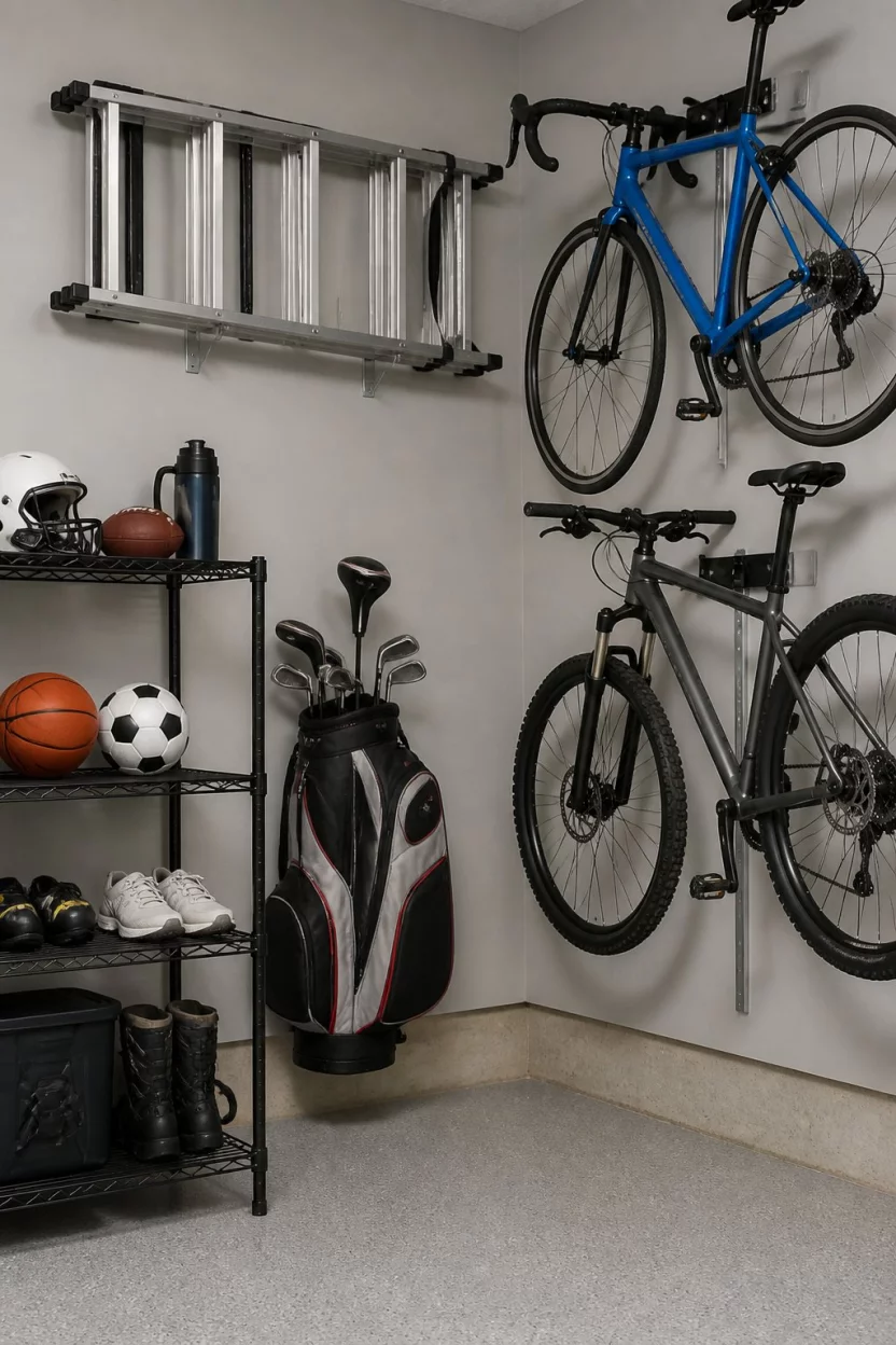 The Efficient Sport Corner A realistic photo of a garage corner with soft gray walls, a folded silver ladder mounted high, a set of golf clubs in a bag, two bicycles on wall racks, and simple wire shelving for sports gear.
