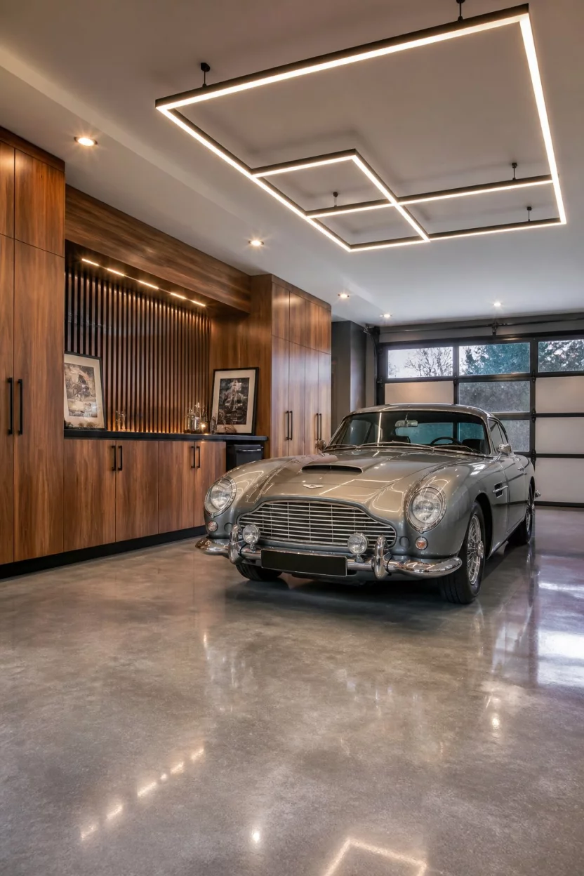 Sleek Wood Paneled Accents A realistic photo of a spacious modern garage featuring a wood paneled accent wall with integrated cabinets, polished concrete floors, custom ceiling lighting, and a vintage car parked center stage.