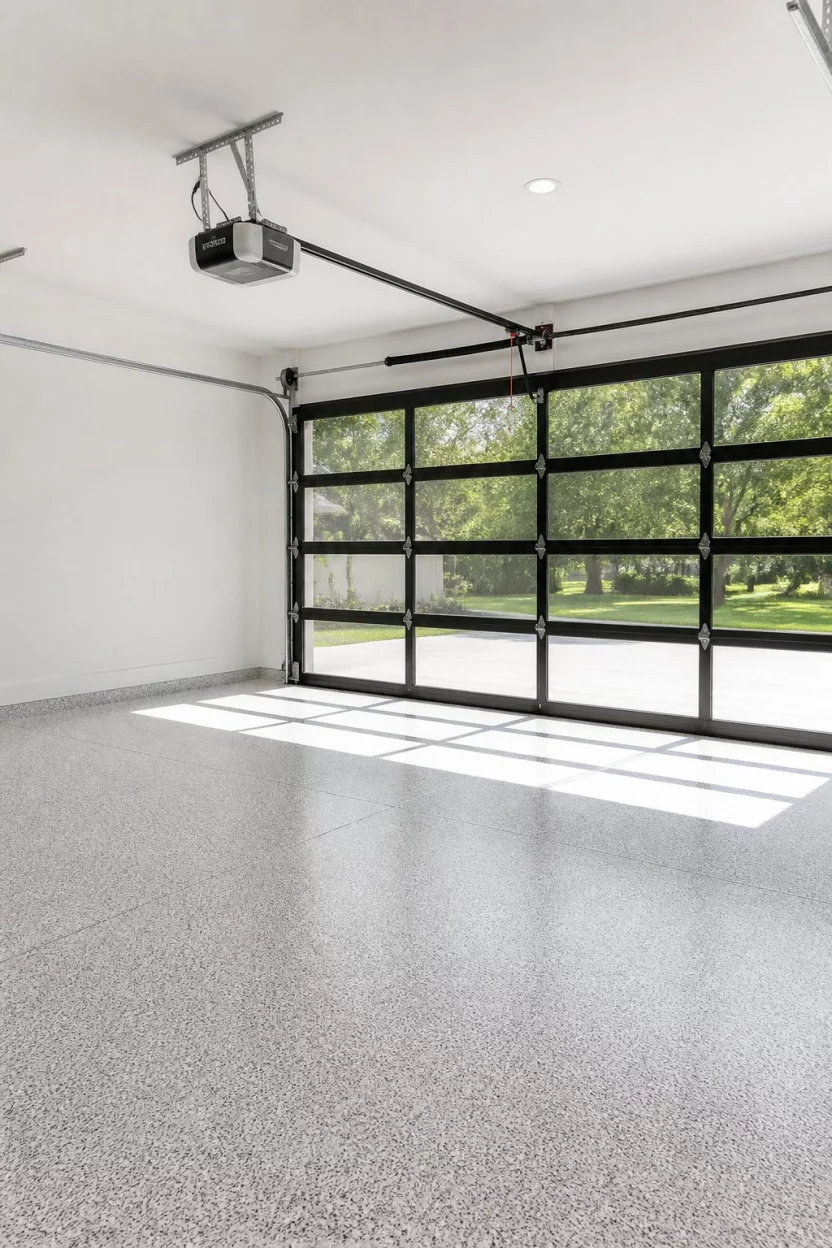 Minimalist Glass Door Studio A realistic photo of a minimalist garage with bright white walls, light gray speckled epoxy floors, and a modern glass paneled garage door that lets in natural sunlight.