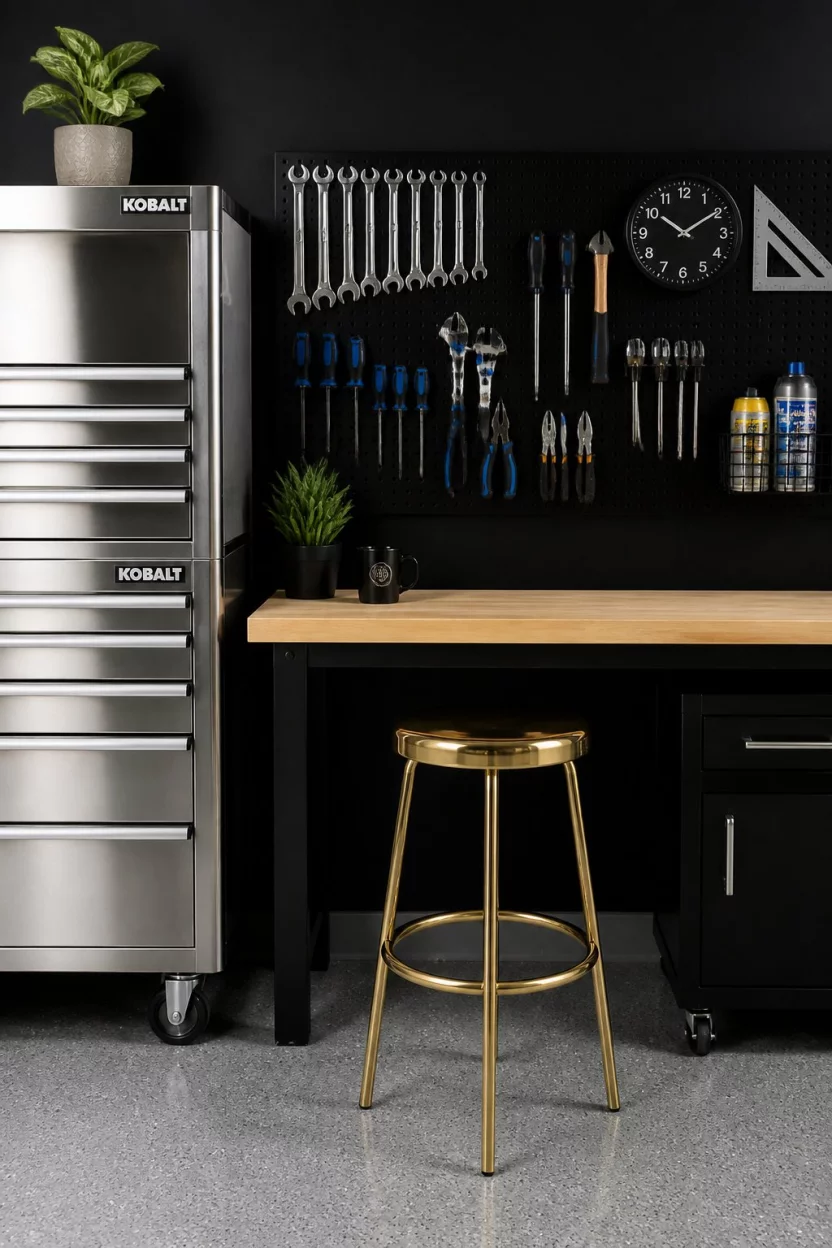 Black Accent Wall Workshop A realistic photo of a stylish garage workshop featuring a bold matte black accent wall, a tall stainless steel tool chest, a shiny gold metal stool, and neatly organized hand tools arranged on a matching black pegboard.