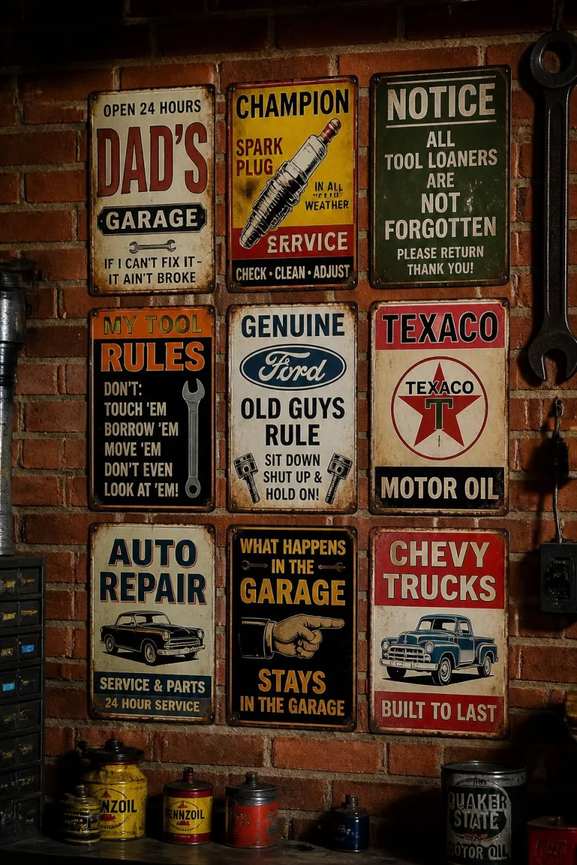 Vintage Metal Sign Gallery A realistic photo of a brick garage wall featuring a gallery of nine vintage style metal signs with various quotes, humorous sayings, and retro advertisements in different colors and fonts.