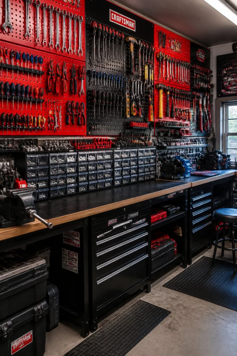 Extreme Tool Organization A realistic photo of a comprehensive garage workshop with walls covered in red and black pegboards, hundreds of hand tools arranged in neat rows, and small transparent bins on shelves for nuts and bolts.