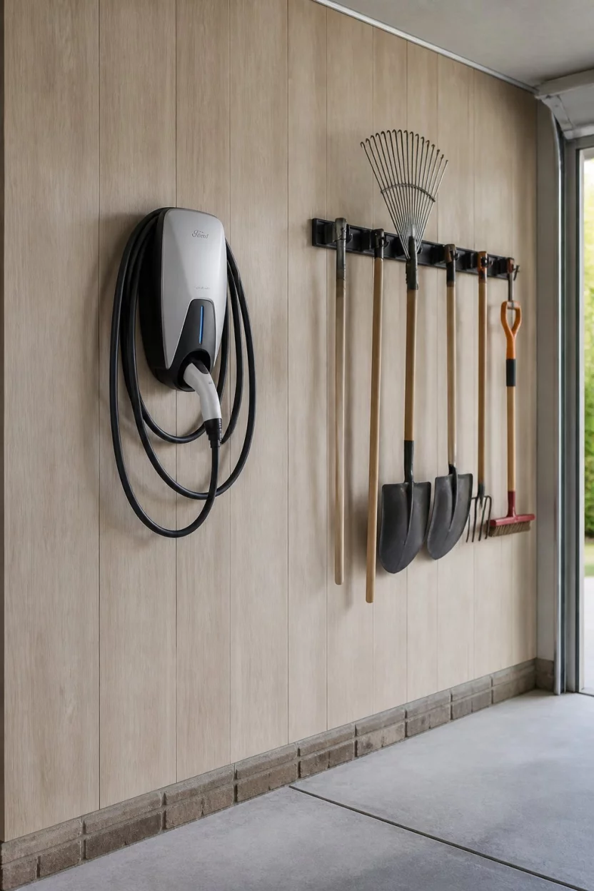 Natural Wood EV Station A realistic photo of a garage wall covered in light wood look wallpaper, featuring a mounted electric vehicle charger and a collection of long handled gardening tools hanging nearby.