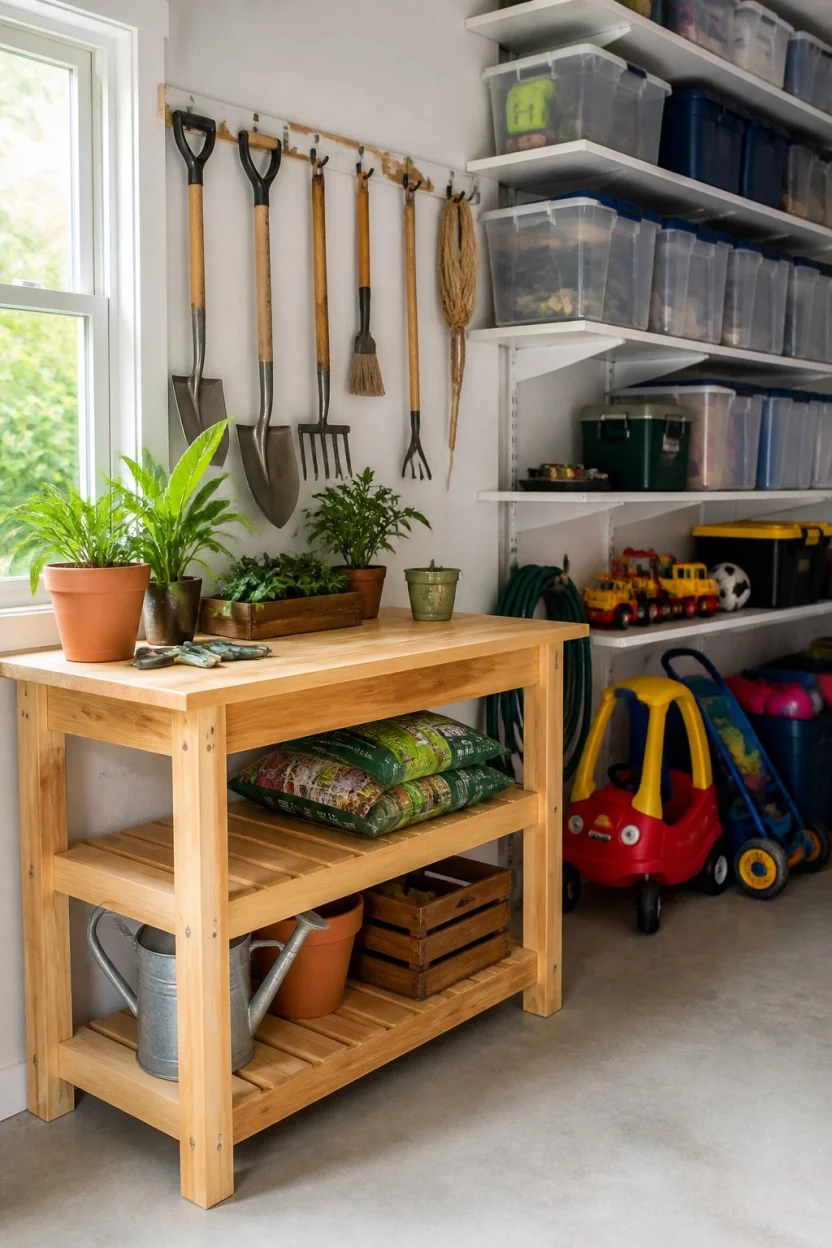 Gardening Station Perfection A realistic photo of a bright garage corner featuring a light wood potting bench, various gardening tools hanging on hooks, several colorful children toys, and organized plastic storage bins on wall mounted shelves.