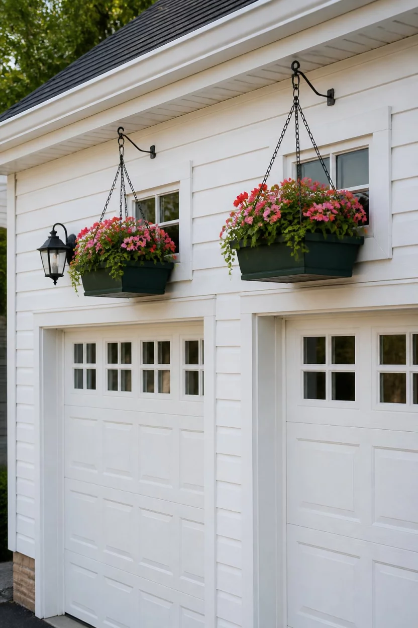 Exterior Window Box Charms A realistic photo of a garage exterior with white siding, featuring two dark green window boxes filled with pink and red flowers hanging by black metal chains under small windows.
